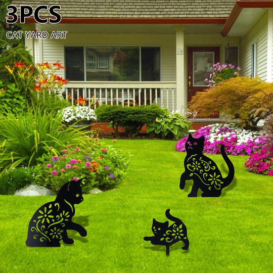 3 Pack Black Cat Silhouette Garden Statues 