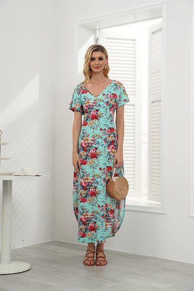 VEW Store Women's Maxi Dress Floral Printed Long Casual Beach Party Dress with Pocket