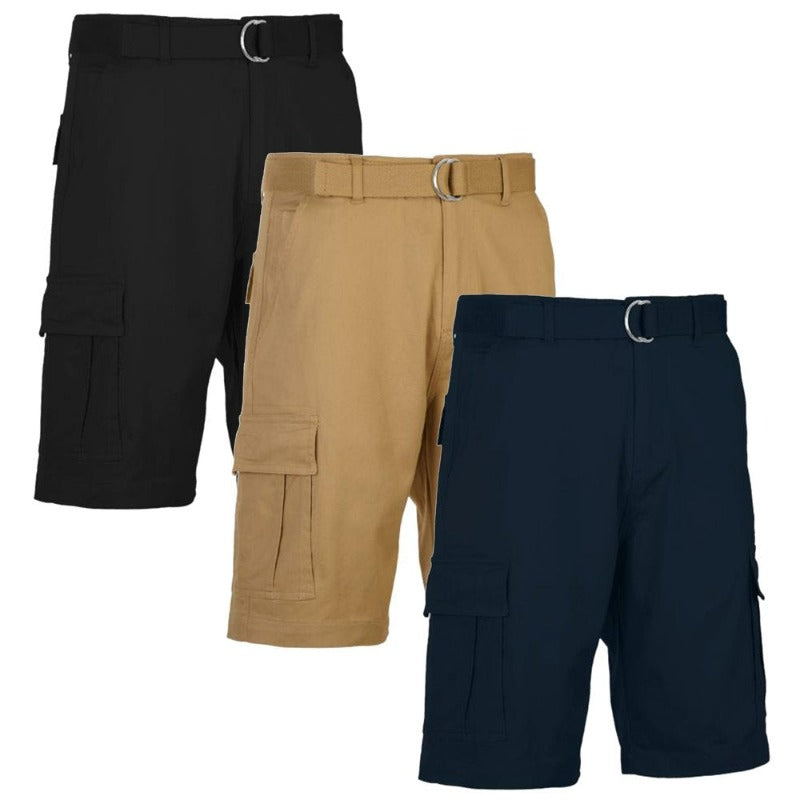 3-Pack Men's Belted Cotton Cargo Shorts 