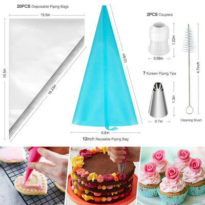  68 Pcs Cake Decorating Kit with 32 Numbered Icing Tips | 7 Korean Piping Tips | 21 Pastry Bags | 3 Cream Scrapers Baking Tools for Cake Lovers