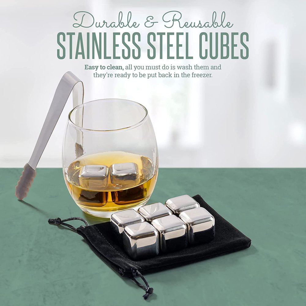 Whiskey Stone Set, Stainless Steel Cubes, Wooden Barrel Box, Reusable Stones, Scotch, Wine