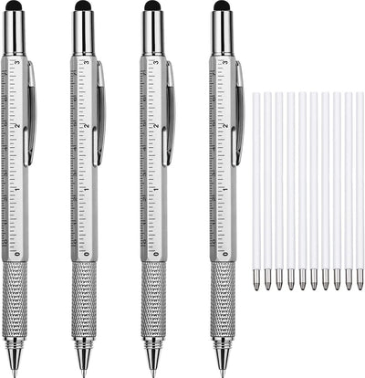 4 Pieces Gift Pen for Men 6 in 1 Multitool Tech Tool Pen Screwdriver Pen with Ruler, Levelgauge, Ballpoint Pen and Pen Refills, Unique Gifts for Men (Red, Green, Blue, Gray)