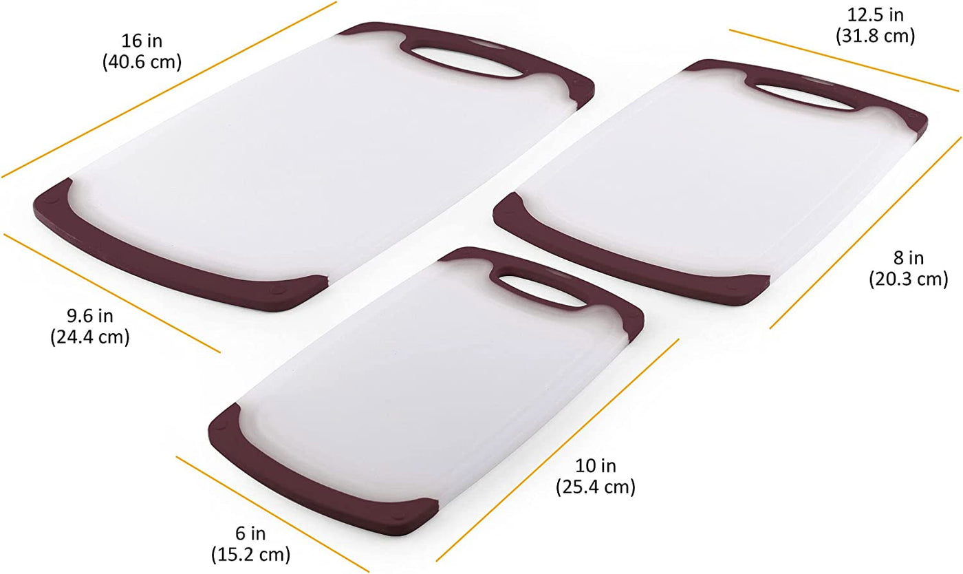 Farberware Non Slip Plastic Cutting Board Set with Juice Grooves, 3-Piece, Maroon