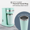 Personal Single-Serve Compact Coffee Maker Includes 14oz. Stainless Steel Interior Thermal Travel Mug