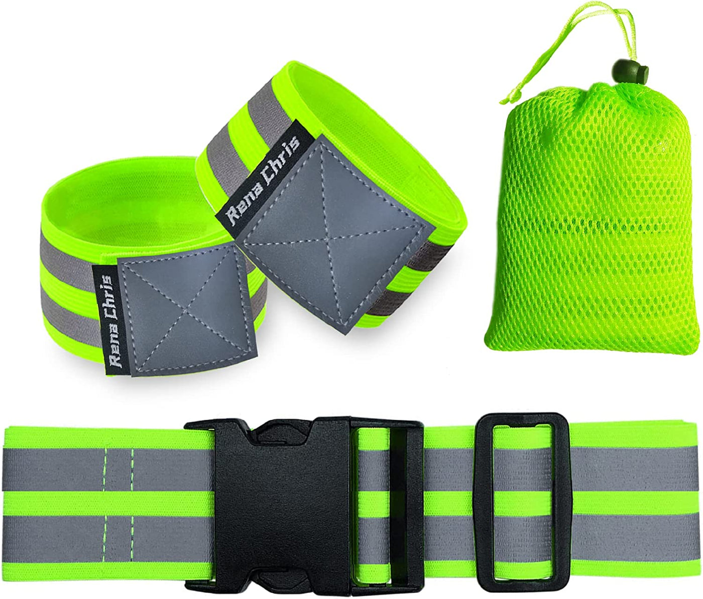 Reflective Running Gear, 3Pcs Reflective Gear for Body, Wrist, Leg, Adjustable Shoulder Strap with Carabiner, Safety Reflector Tape Straps, Large Reflective Surface Area, Suitable for Night Running