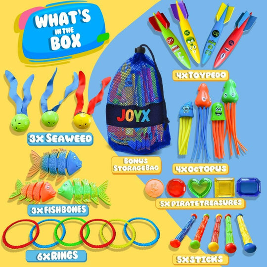 30 Pcs Pool Toy Set with Storage Bag & Water Toys Swim Learning & Diving Skill Development for Kids