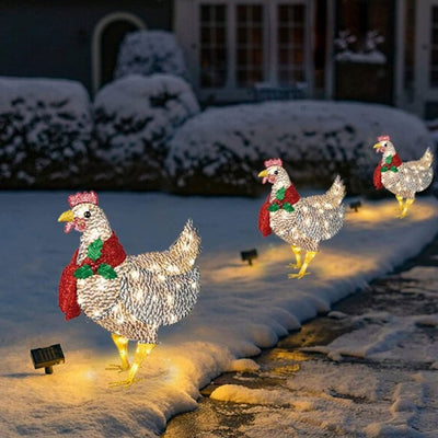 Light-Up Chicken with Scarf Holiday Decoration, Small/Large Metal Chicken Christmas Ornaments Battery Powered & 50 Mini Lights, Spring Rooster Animal Garden Stakes for  Ground Lawn Outdoor