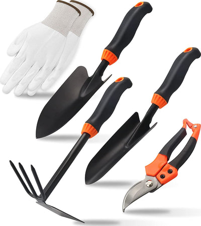 Garden Tool Kit Pruning Shears, Hand Trowel, Transplant Trowel, Hand Rake with Hoe, 5-Piece