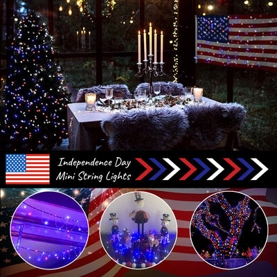 4th of July Patriotic Decorations for Home Outdoor Lights-Red White Blue Solar String Lights,2Pack Each 100LED 33ft 