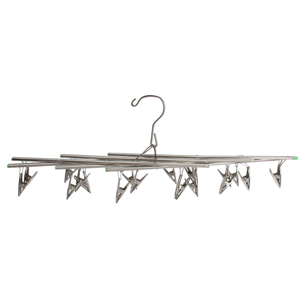 Stainless Steel Drying Rack with 20 Clips, Space Saver Drip Sock Dryer Hanger Drying Pegs Hook, Swivel Windproof Clothespin Clothes Hanger Dryer for Laundry Clothes Socks Underwear