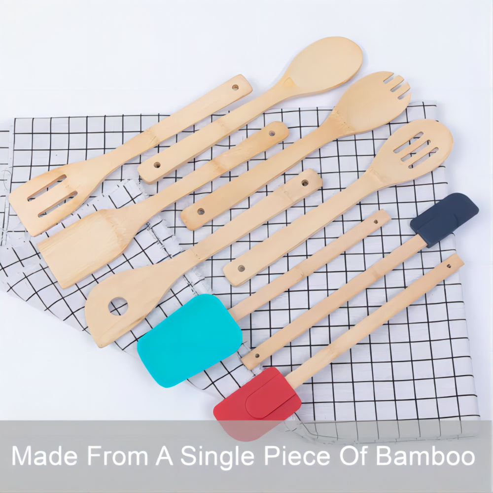 9 Piece 100% Natural Bamboo Utensil Set for Cooking
