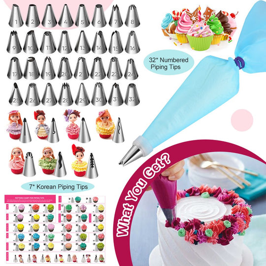 68 Pcs Cake Decorating Kit with 32 Numbered Icing Tips | 7 Korean Piping Tips | 21 Pastry Bags | 3 Cream Scrapers Baking Tools for Cake Lovers
