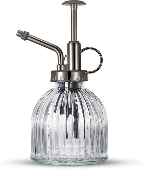 Glass Plant Mister Spray Bottle, 6.5" Tall Vintage Glass Watering Spray Bottle with Top Pump, Small Watering Can Indoor for Succulents - Clear