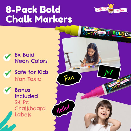 Chalky Crown Bold Chalk Markers - Dry Erase Marker Pens - Reversible Tip (8 per Pack) - (Multi-Colored, 6 Mm)