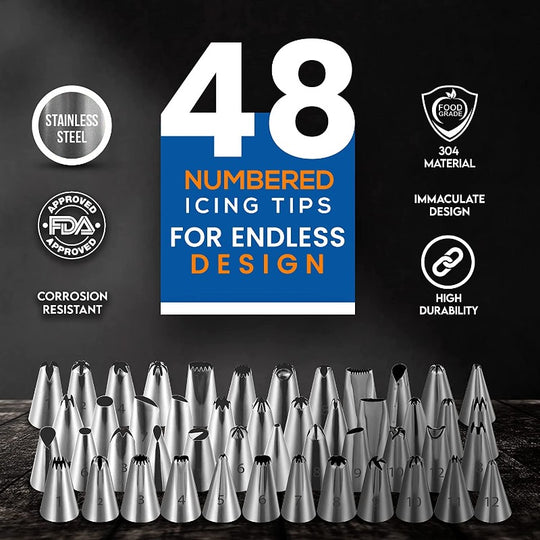 Piping Bags and Tips Set for Icing Cookies, Cupcakes & Cakes - 48 Numbered Cake Frosting Piping Tips with Reusable & Disposable Pastry Bags