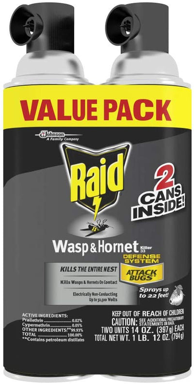 Raid Wasp & Hornet Killer Spray, Kills The Entire nest, Kills Paper Wasps, Yellow Jackets, Mud Daubers and More, 14 oz (Pack of 2) and Hot Shot 13416 Wasp & Hornet Killer, 17.5 oz - 1 Count