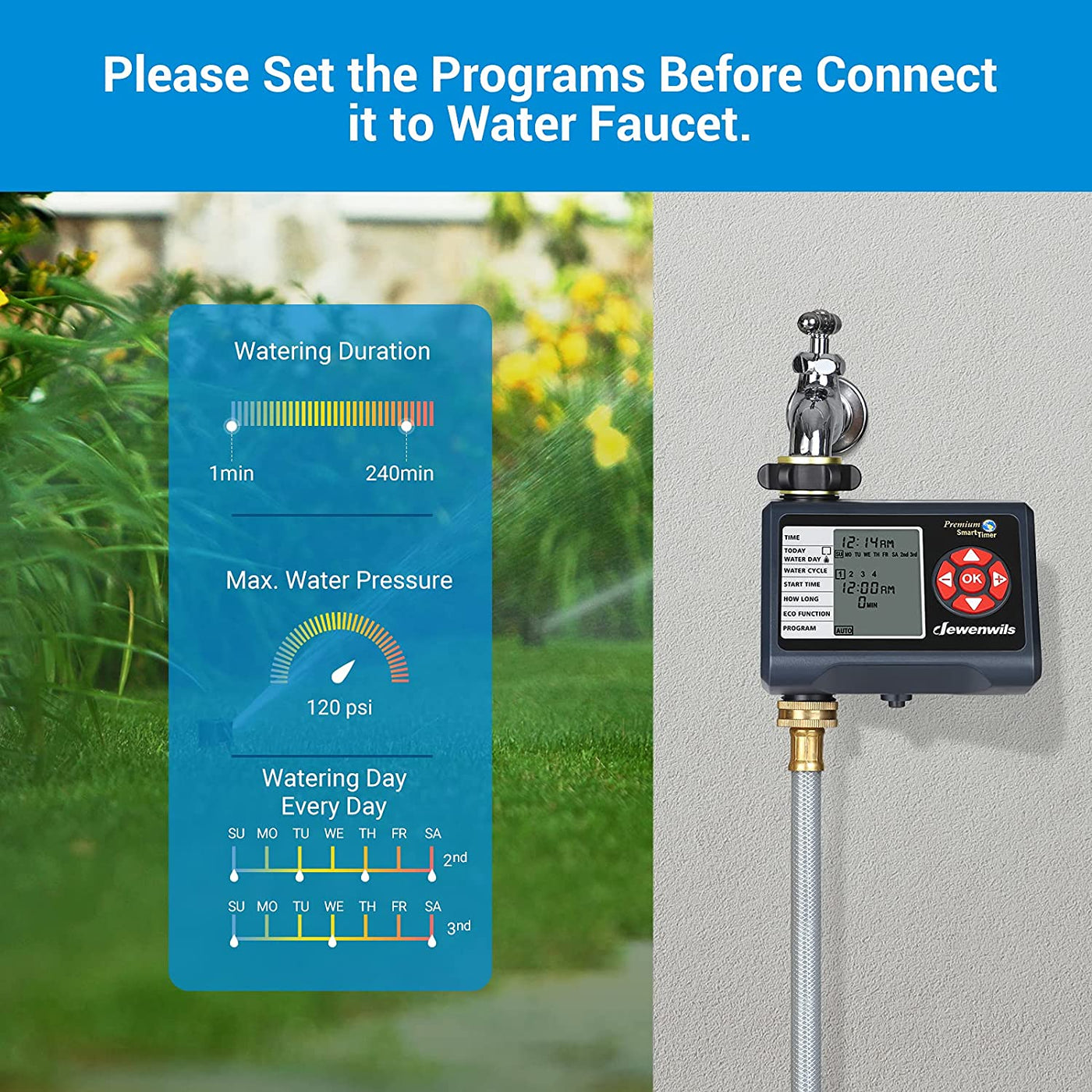  Programmable Hose Timer Automatic Faucet Watering Irrigation Timer for Yard Lawn, Manual Rain Delay Mode, Low Battery Warning