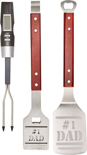  BBQ Grill Tools Set Gift for Dad, 4 Piece Set, Number 1 Dad Tongs, Spatula, Digital Thermometer and Case