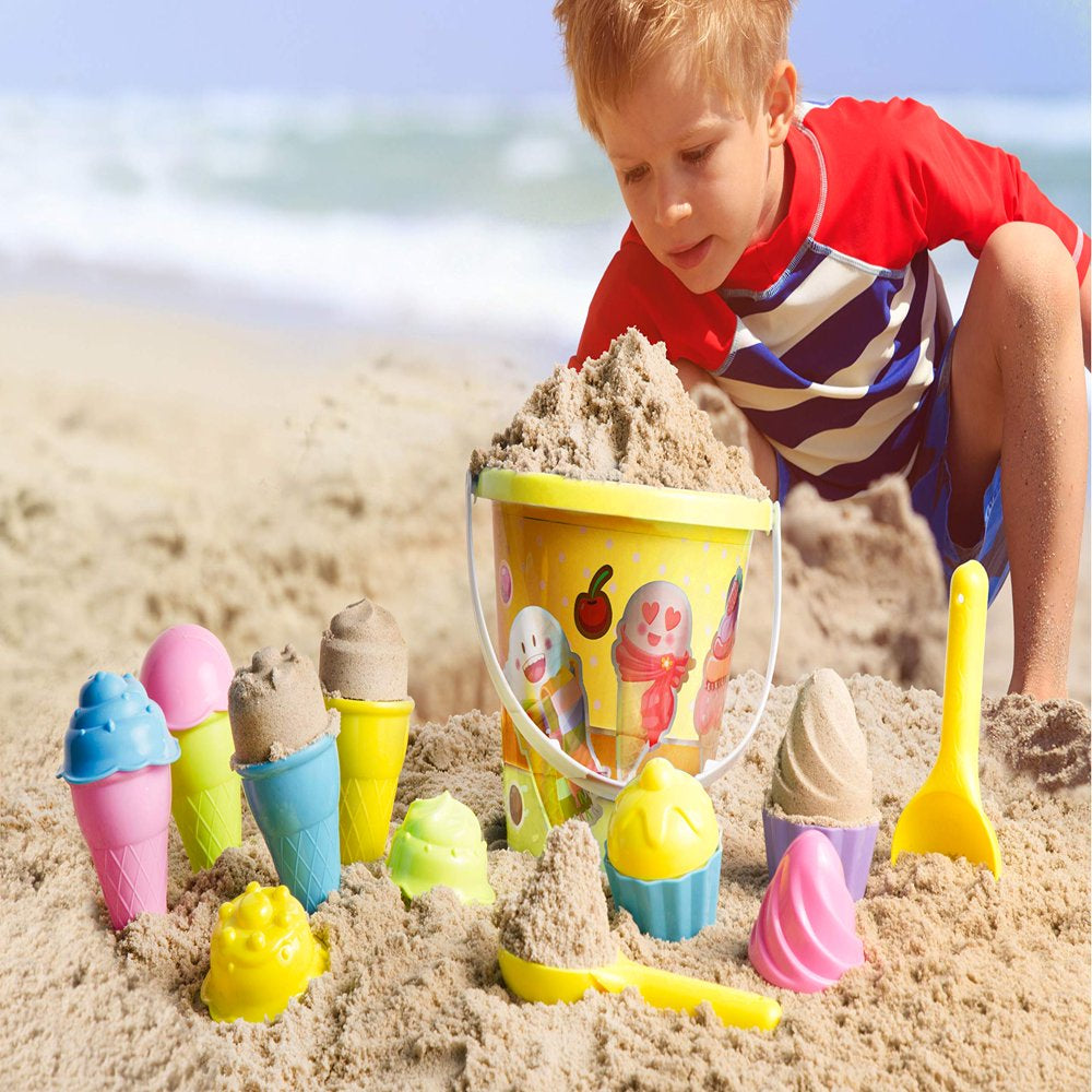 | Plastic Beach Toys for Sand, 16 Pcs. Ice Cream Mold Set for Kids 1.5-10 with Large 9" Beach