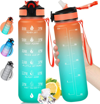  32oz Motivational Water Bottle with Times to Drink,Time Marker & Removable Strainer,Fast Flow,Leakproof Tritan BPA Free Non-Toxic Water Jug for Fitness,Gym,Sports