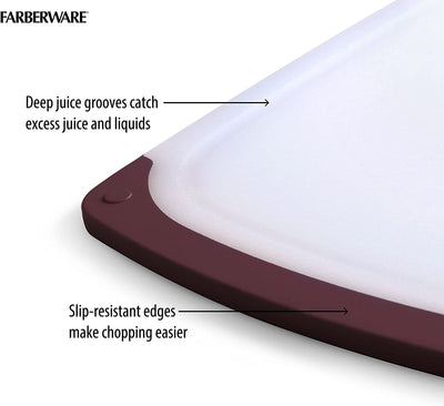 Farberware Non Slip Plastic Cutting Board Set with Juice Grooves, 3-Piece, Maroon