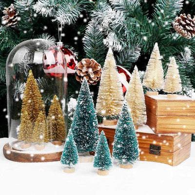 30PCS Artificial Mini Christmas Trees, Upgrade Sisal Pine Trees with Wood Base Bottle Brush Trees for Christmas Table Top Decor(Green, Gold and Ivory)