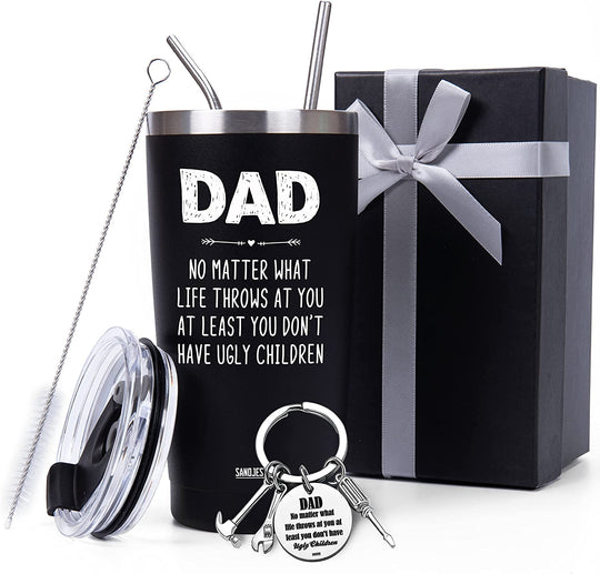  Dad Tumbler Gifts for Dad from Daughter Son - 20oz Stainless Steel Double-walled Insulated No Matter What Ugly Children Travel Mug Christmas, Birthday, Father's Day Gift Set with Lid & Straw