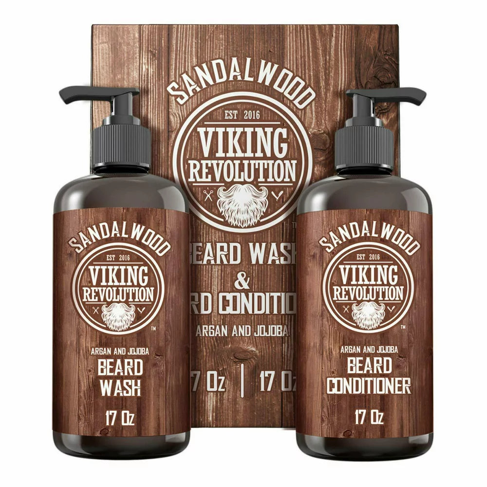 - Beard Wash & Beard Conditioner Set, Argan & Jojoba Oils - Natural Sandalwood Scent - Beard Shampoo & Beard Oil - 10 Oz