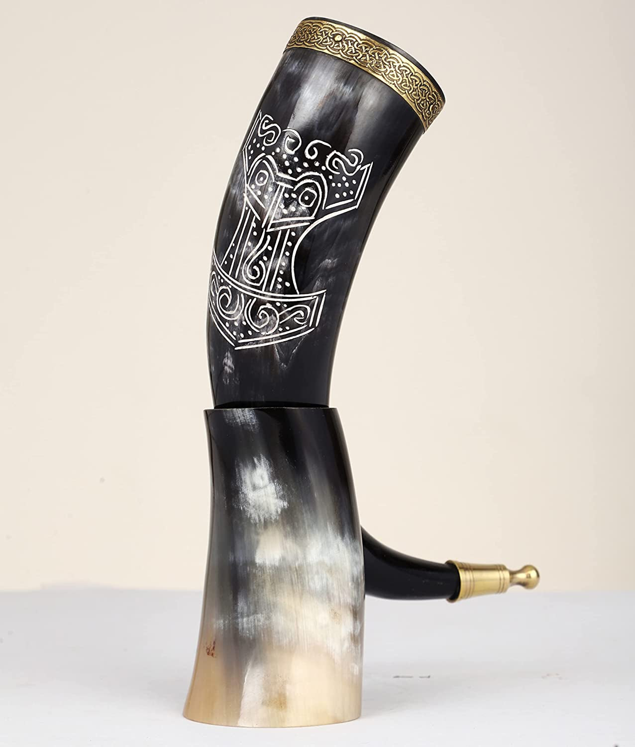 Viking Drinking Horn Mug | Handmade Drinking Horn with Mjolnir Engraved Tankard | Food Safe Medieval Game of Thrones Horn | For Hot & Cold Drink (1 Piece)