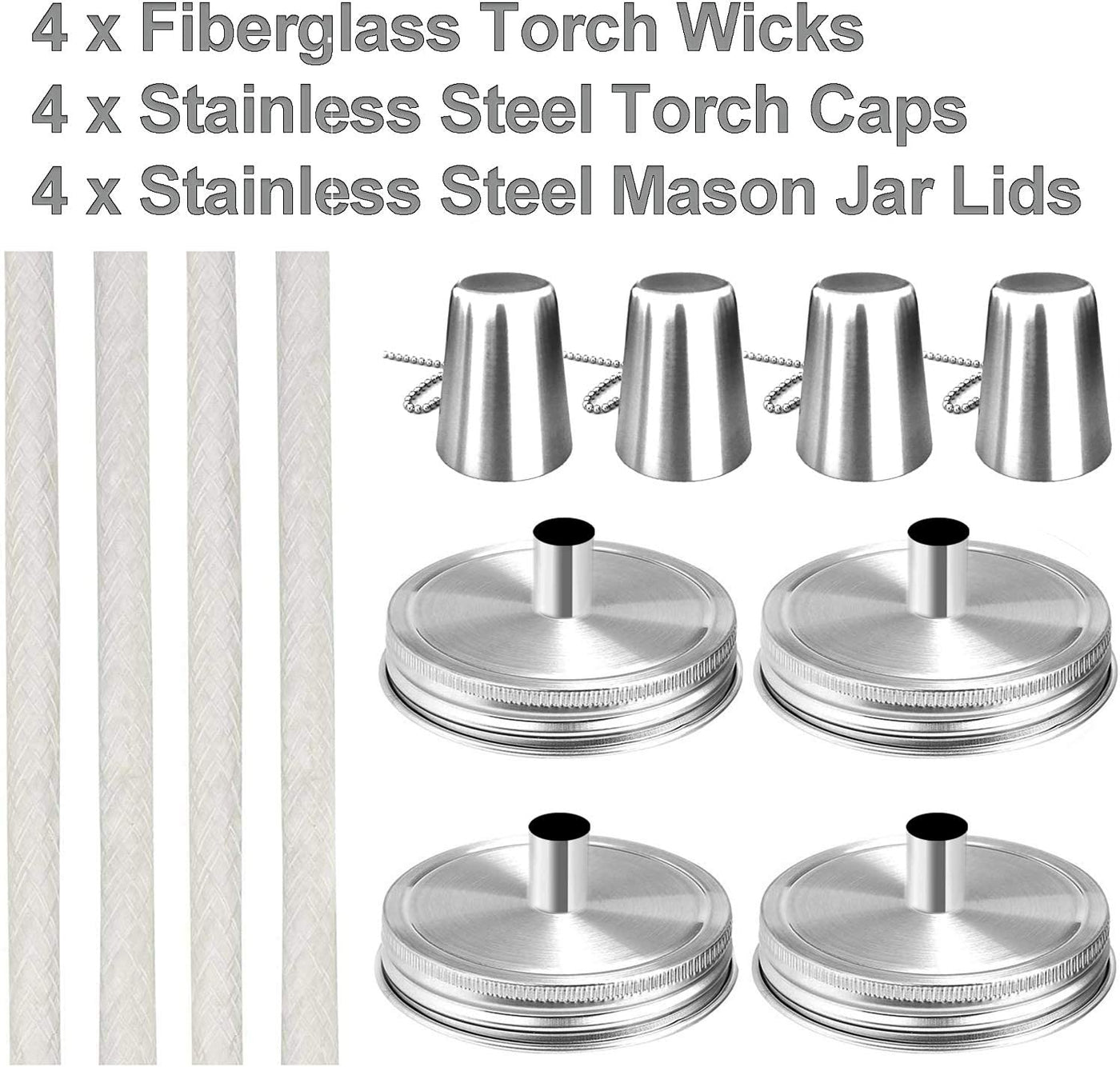 4 Pack Mason Jar Tabletop Torch Kits, Longlife Fiberglass Wicks,Stainless Steel Mason Jar Lids Caps Included,Outdoor Deck Oil Lamp Torch