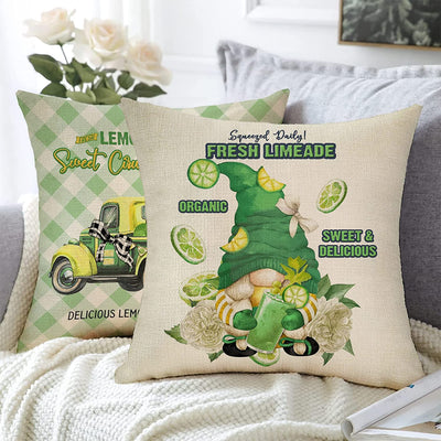 Set of 4 Summer Lime Lemon Green Gnome Decorative Pillow Cover