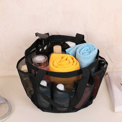 Natural Mesh Shower Caddy Portable Shower Tote Bag for College Dorm Essentials, Bathroom, Gym, Camp, Travel, Hanging Shower Caddy Basket, Quick Dry Toiletry Bag (8-Pockets | Black)