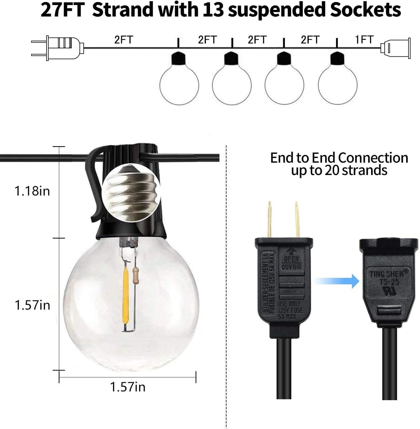 Globe Outdoor String Lights, 27FT Patio Lights with 14 G40 Shatterproof LED Bulbs(1 Spare), Waterproof