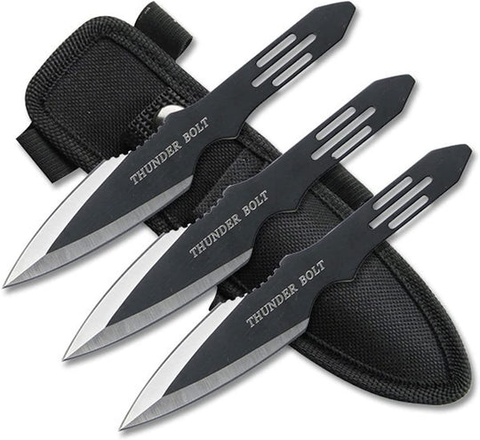 Perfect Point Throwing Knives – Set of 3 – Black/Satin Finish Blades w/ Thunder Bolt Etching, Black Stainless Steel Handles, Nylon Sheath, Full Tang, Well Balanced, Sport Knives – RC-595-3