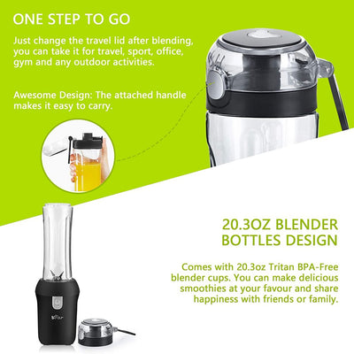 Bear Portable Personal Countertop Blender for Shakes and Smoothies, 300W Power with a 20.3 Ounces of Tritan Bpa-Free Bottle for Easy Travel, Black