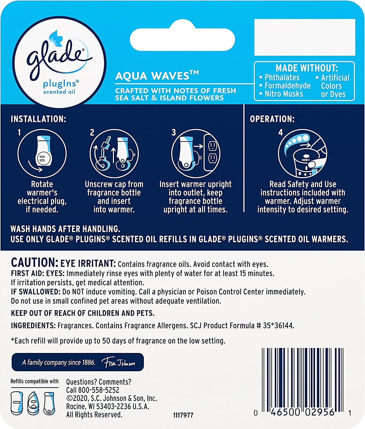 Glade PlugIns Refills Air Freshener, Scented and Essential Oils for Home and Bathroom, Aqua Waves, 1.34 Fl Oz, 2 Count