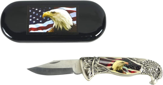  USA Flag & American Bald Eagle Head Shaped Folding Pocket Knife w/Gift Box Case
