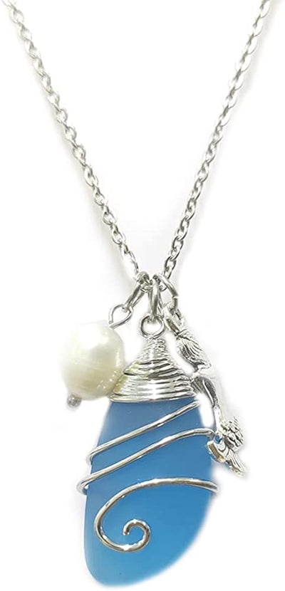 Ocean Wind Colored Sea Glass Necklace Turtle Starfish Shell Freshwater Pearl Handmade For Women Girls