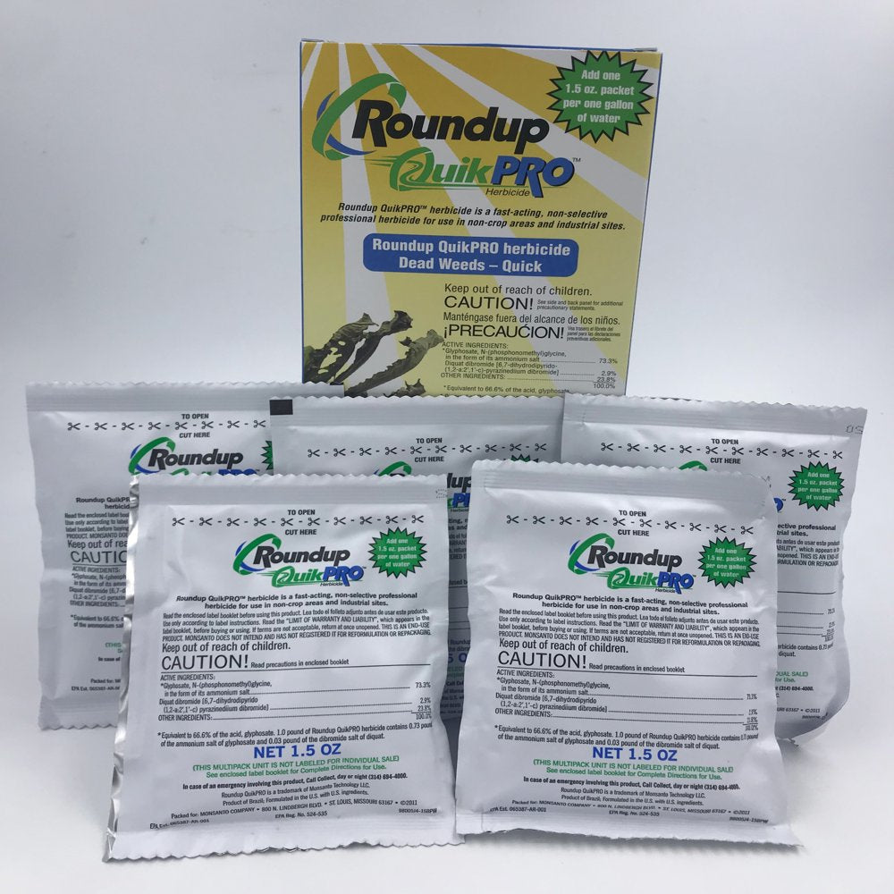 Weed Killer Roundup Quickpro | 1.5Oz Packets 5 Pack Box Makes 5 Gallons of Solution | Non Selective Weed Control
