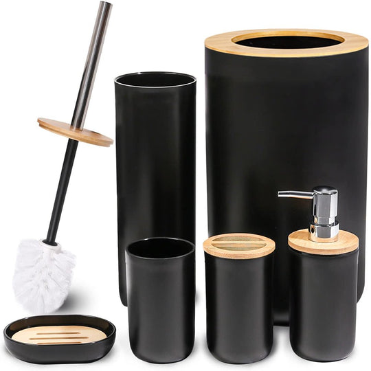 6 Pieces Bath Set- Soap Dish Toothbrush Holder Rinse Cup Lotion Bottle Trash Can Toilet Brush - Practical Toilet Kit for Home Washing Room，Black