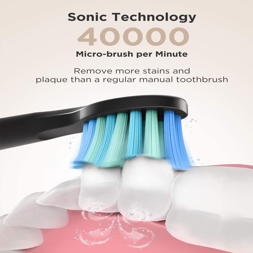 Sonic Toothbrush for Adults, Rechargeable with Smart Timer, 3 Modes, 4 Heads