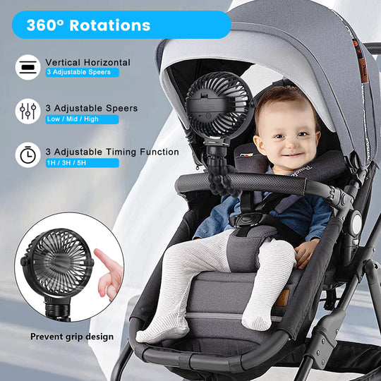 Portable Stroller Fan, Battery Operated Small Clip on Fan, with Flexible Tripod for Stroller Treadmill Crib Car Seat Travel, Black