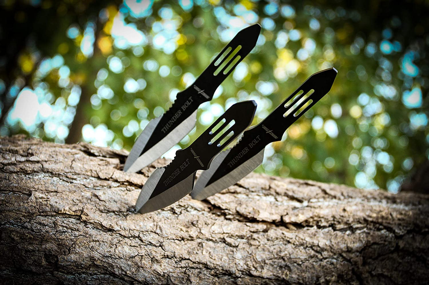 Perfect Point Throwing Knives – Set of 3 – Black/Satin Finish Blades w/ Thunder Bolt Etching, Black Stainless Steel Handles, Nylon Sheath, Full Tang, Well Balanced, Sport Knives – RC-595-3