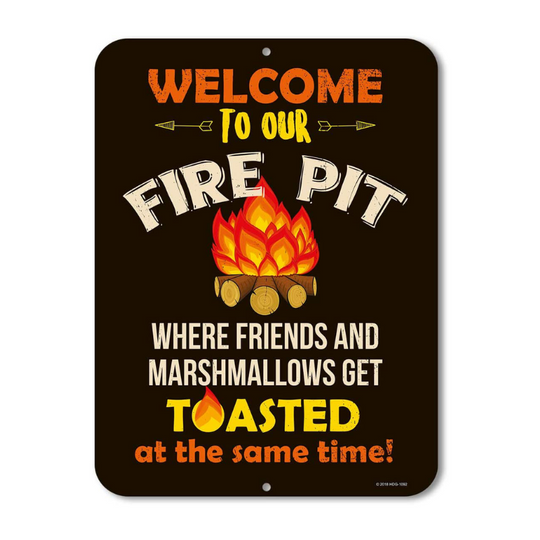 Honey Dew Gifts Funny Camping Signs, Welcome to Our Fire Pit Where Friends and Marshmallows Get Toasted, 9 x 12 inch Camper Decor