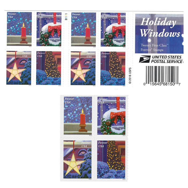 USPS Contemporary Christmas: Holiday Windows 2016 Forever Stamps - Booklet of 20 Postage Stamps