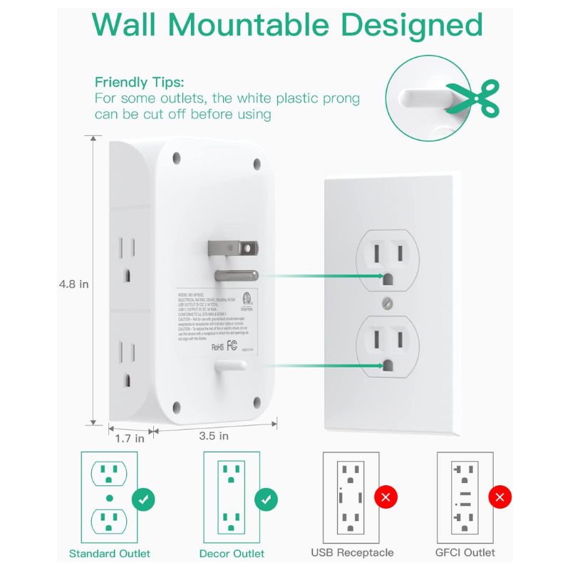 3 Sided - 5 Outlet Wall Surge Protector Extender, 1800 Joules Multi Plug