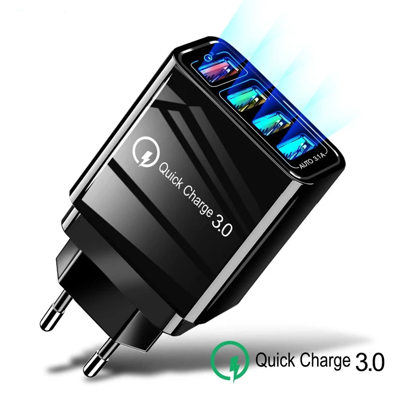 Black 48W Fast Wall Charger 3.0 USB Charger for Samsung iPhone Huawei