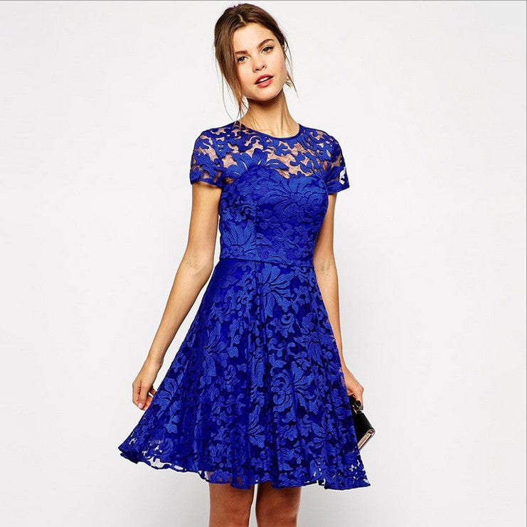 5XL Plus Size Dress Fashion Women Elegant Sweet Hallow Out Lace Dress   Party Princess Slim Summer Dresses Vestidos Red Blue