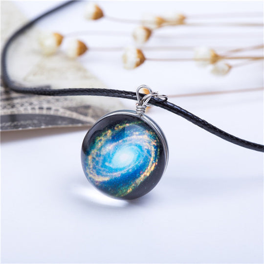 Collares Duplex Planet Crystal Stars Ball Glass Galaxy Pattern Leather Chain Pendants Maxi Necklace