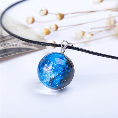 Collares Duplex Planet Crystal Stars Ball Glass Galaxy Pattern Leather Chain Pendants Maxi Necklace
